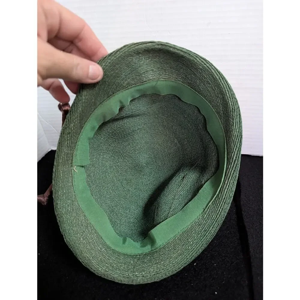 Vintage 40s 50s Forest Green Woven Cloche Bucket Hat Brown Ribbon Floral Trim